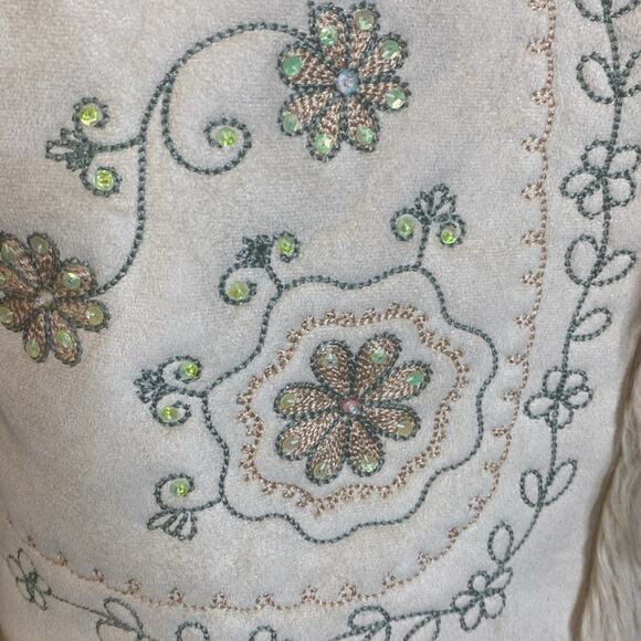 Vintage Rave Y2K Faux Suede and Shearling Embroidered Embellished Cream Vest XL - Picture 4 of 7